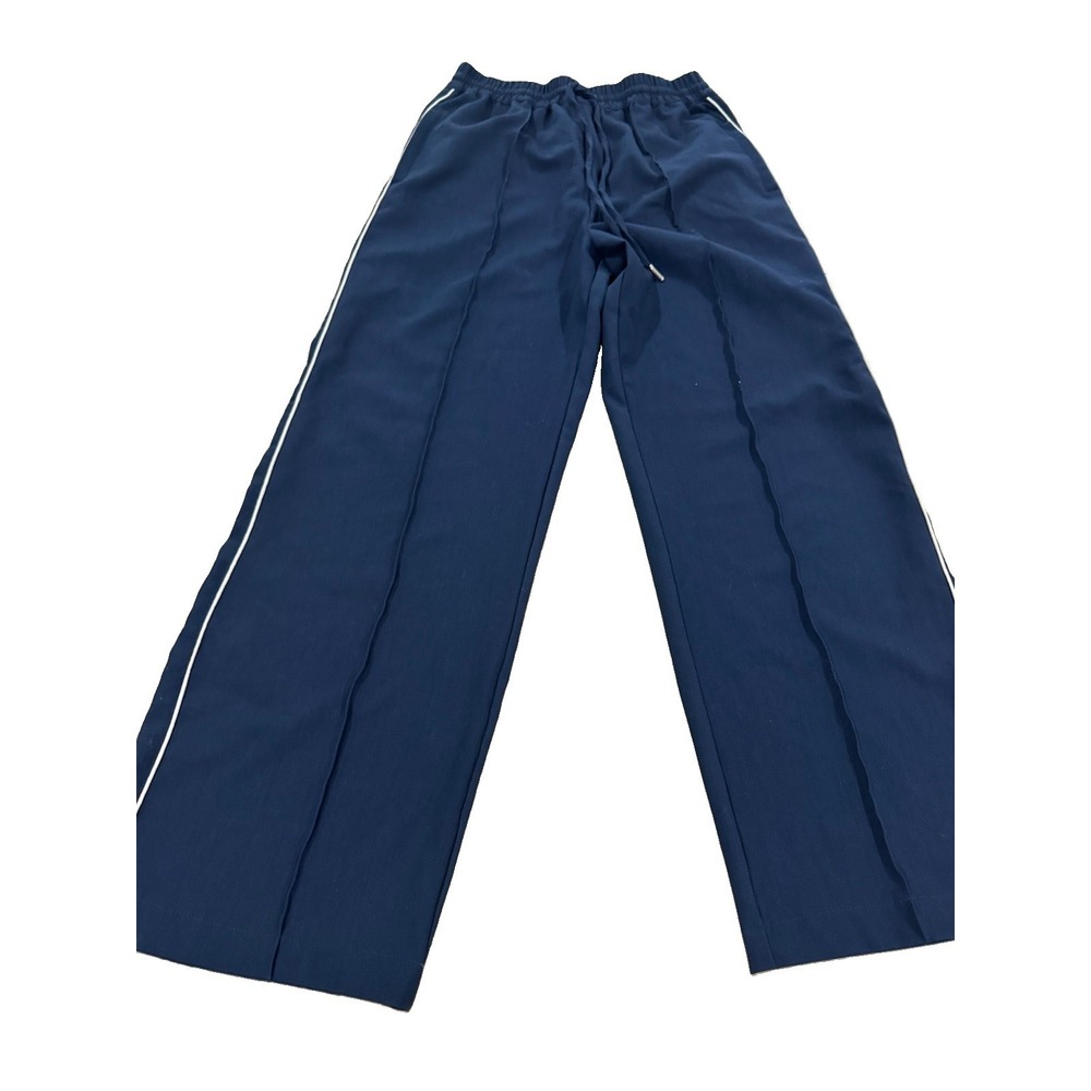 SO Women's M Navy Blue Wide Leg Track Pants White Side Stripe Drawstring Pull On